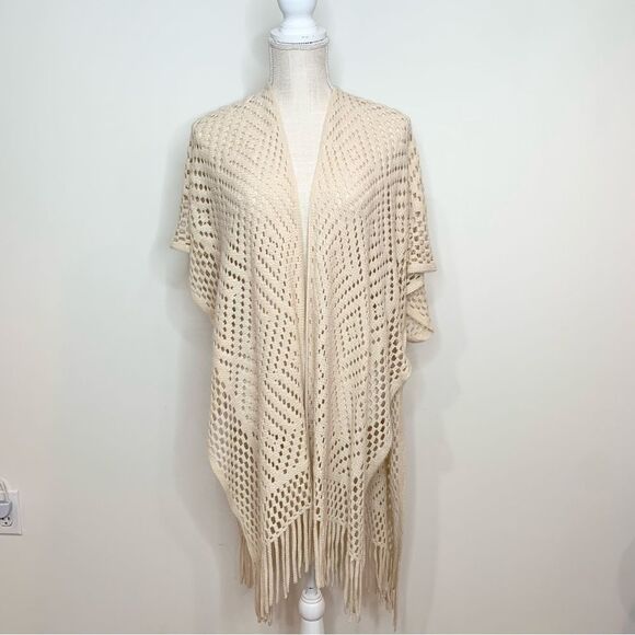 NWT Just Be Y2K Boho Woven Knit Fringe Kimono OSFM - Picture 1 of 12